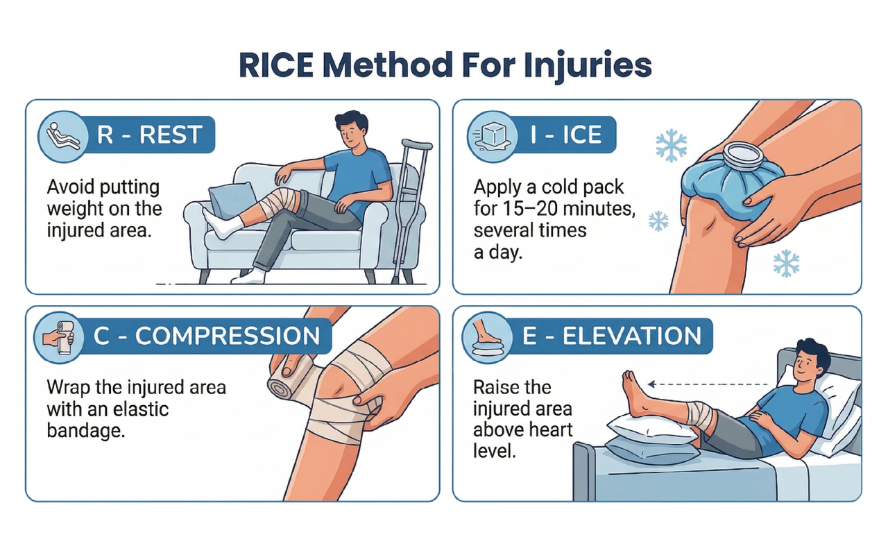 Infographic showing the RICE method: Rest, Ice, Compression, Elevation for knee injuries