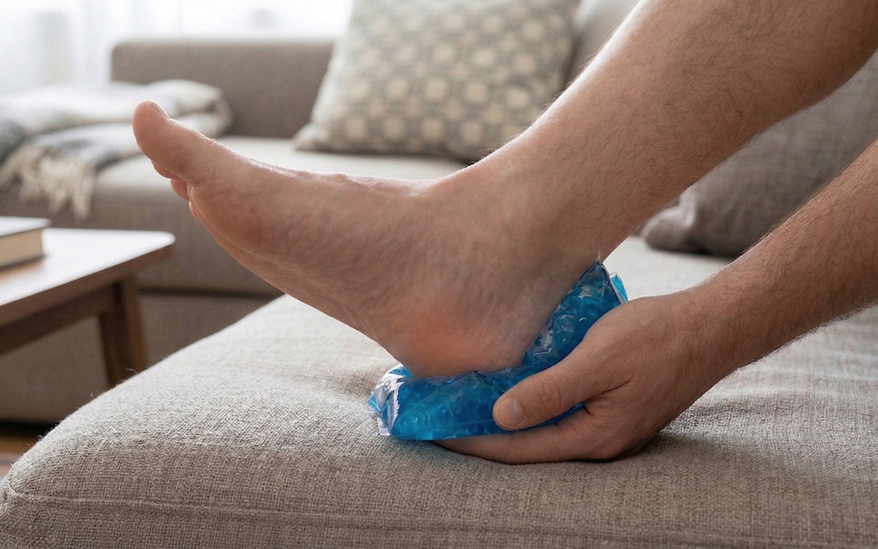 Cold therapy being applied to a heel to reduce plantar fasciitis inflammation