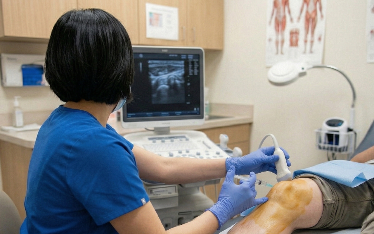 Doctor administering an ultrasound-guided knee injection while monitoring the screen