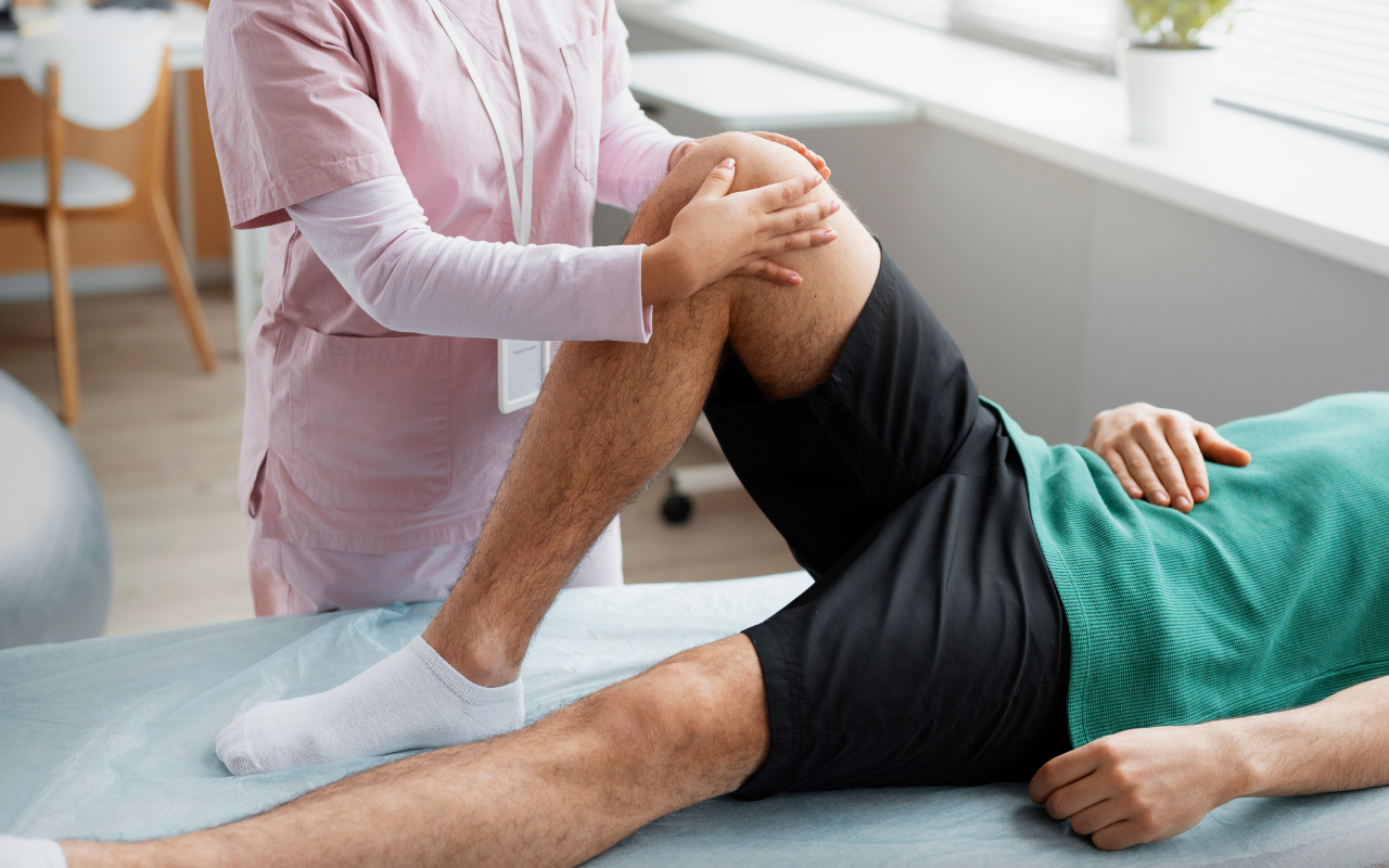Patient undergoing physiotherapy exercises for knee rehabilitation after an injection