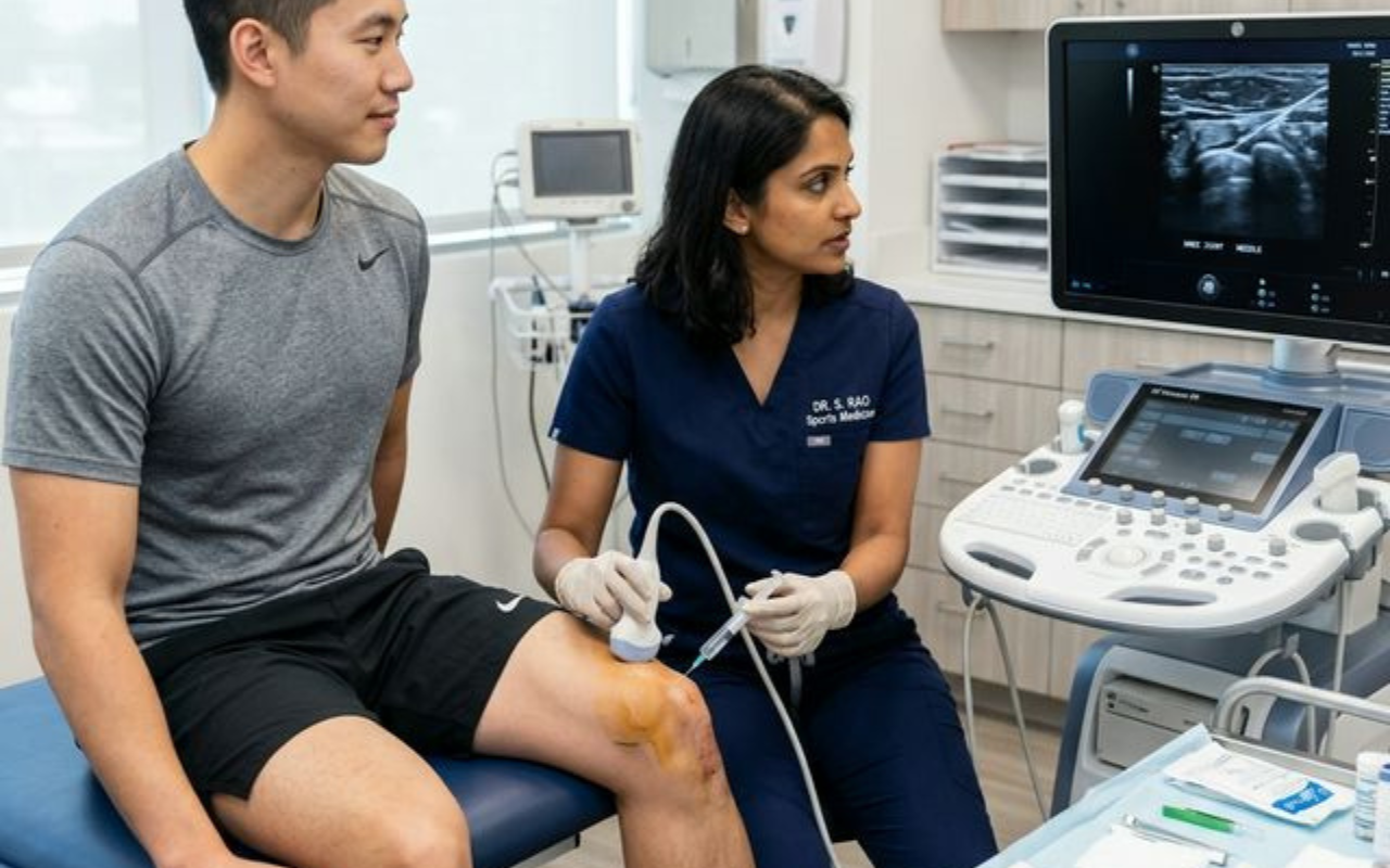 Close-up of an ultrasound-guided knee injection procedure