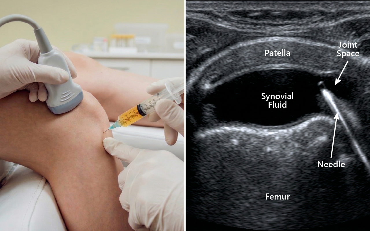 Ultrasound monitor showing real-time imaging of a knee joint during injection