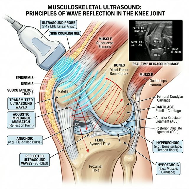 Diagram showing how ultrasound waves highlight differences in soft tissue densities for clear injury visualization