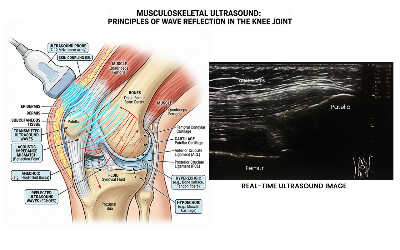High-resolution ultrasound image of a tendon showing bright white fibres against a dark background