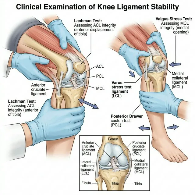 Educational medical illustration showing a doctor manipulating a knee joint to test ligament stability