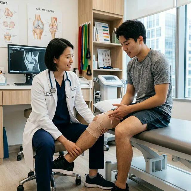 An Asian male patient discussing his knee injury with a sports medicine doctor in a modern clinic