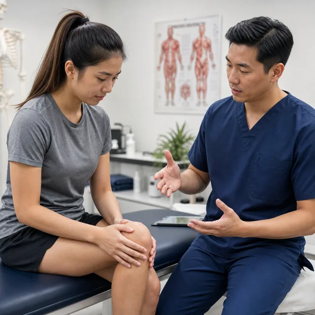 Young Asian woman holding her injured knee during a sports medicine consultation, looking concerned but reassured by the doctor