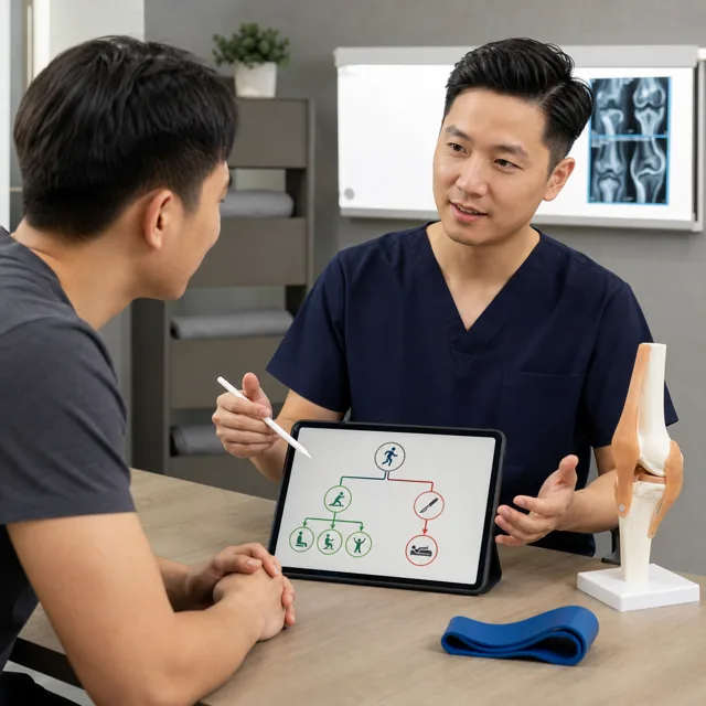Sports medicine doctor explaining rehabilitation and surgery options to a patient using a tablet decision diagram
