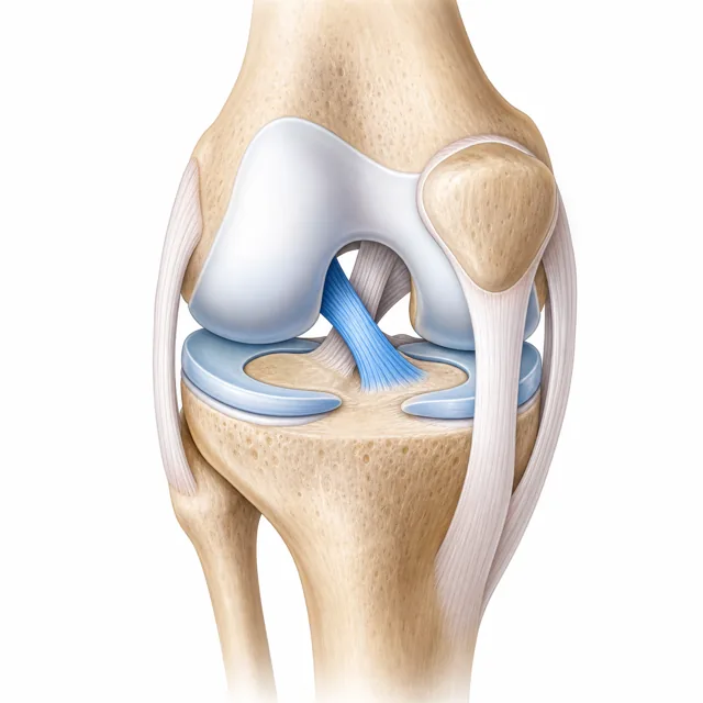 Detailed medical illustration of the human knee joint showing the anterior cruciate ligament, posterior cruciate ligament, meniscus, and surrounding bone structures
