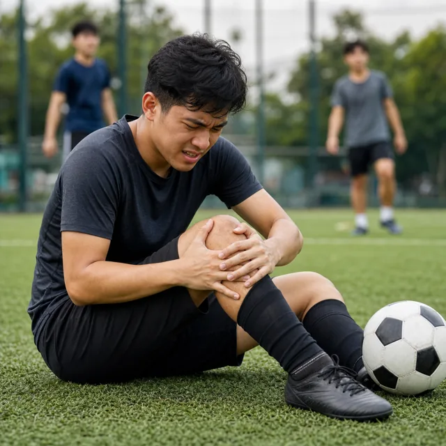 A young Asian male recreational football player clutching his knee in pain after an ACL injury on the field